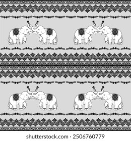 Classic Damask Ornate Elephant Design with Floral Borders Black and White Traditional seamless pattern  Vector Illustration for Elegant Textile Design