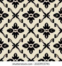 Classic damask pattern in black and white, featuring an intricate flower design. The seamless pattern exudes elegance and reflects the art deco style.