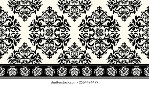 A classic damask pattern in a bold black and cream color scheme. The design features intricate swirls, flourishes, and floral motifs, creating an elegant and timeless look.