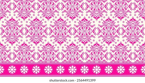 A classic damask pattern in a bold pink and cream color scheme. The design features intricate swirls, flourishes, and floral motifs, creating an elegant and timeless look. 