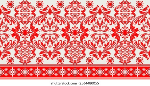 A classic damask pattern in a bold red and white color scheme. The design features intricate swirls, flourishes, and floral motifs, creating an elegant and festive look. 