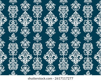 A classic damask pattern featuring intricate white designs on a deep teal background, creating a sophisticated and elegant look.