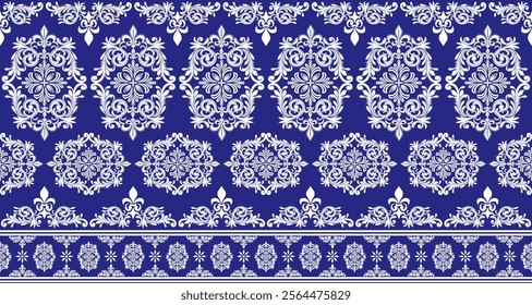 A classic damask pattern in a rich blue and white color scheme. The design features intricate swirls, flourishes, and floral motifs, creating an elegant and timeless look. 