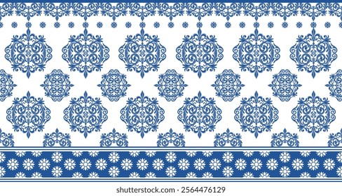 A classic damask pattern in a rich blue and white color scheme. The design features intricate swirls, flourishes, and floral motifs, creating an elegant and timeless look.