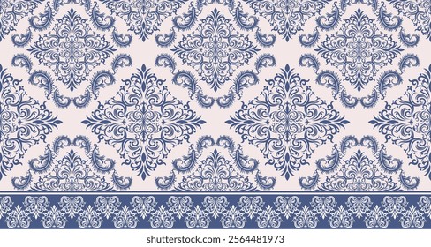 A classic damask pattern in a rich blue and cream color scheme. The design features intricate swirls, flourishes, and floral motifs, creating an elegant and timeless look. 