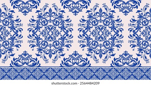 A classic damask pattern in a rich blue and cream color scheme. The design features intricate swirls, flourishes, and floral motifs, creating an elegant and timeless look. 