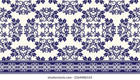 A classic damask pattern in a rich blue and cream color scheme. The design features intricate swirls, flourishes, and floral motifs, creating an elegant and timeless look. 