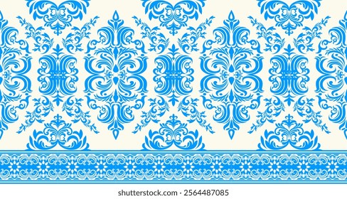 A classic damask pattern in a rich blue and cream color scheme. The design features intricate swirls, flourishes, and floral motifs, creating an elegant and timeless look. 