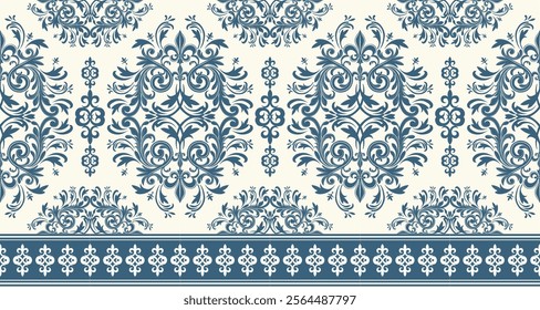 A classic damask pattern in a rich blue and cream color scheme. The design features intricate swirls, flourishes, and floral motifs, creating an elegant and timeless look. 