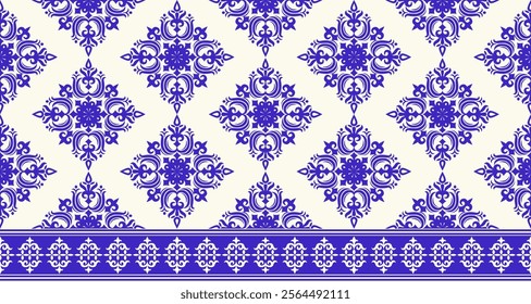 A classic damask pattern in a rich blue and cream color scheme. The design features intricate swirls, flourishes, and floral motifs, creating an elegant and timeless look.
