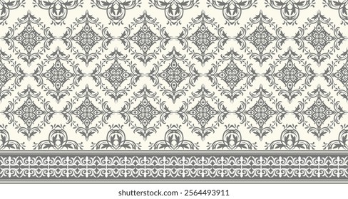 A classic damask pattern in a rich gray and cream color scheme. The design features intricate swirls, flourishes, and floral motifs, creating an elegant and timeless look.