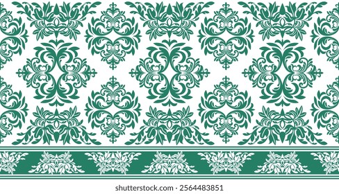 A classic damask pattern in a rich green and cream color scheme. The design features intricate swirls, flourishes, and floral motifs, creating an elegant and timeless look.