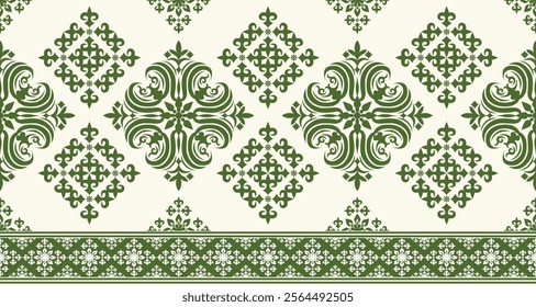 A classic damask pattern in a rich green and cream color scheme. The design features intricate swirls, flourishes, and floral motifs, creating an elegant and timeless look. 