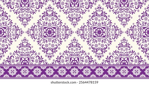 A classic damask pattern in a rich purple and cream color scheme. The design features intricate swirls, flourishes, and floral motifs, creating an elegant and timeless look. 