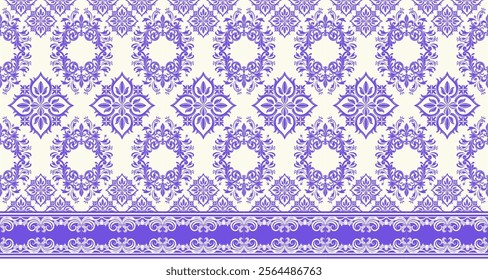 A classic damask pattern in a rich purple and cream color scheme. The design features intricate swirls, flourishes, and floral motifs, creating an elegant and timeless look. 