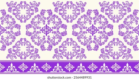 A classic damask pattern in a rich purple and cream color scheme. The design features intricate swirls, flourishes, and floral motifs, creating an elegant and timeless look. 