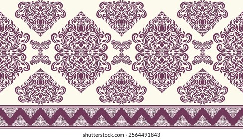 A classic damask pattern in a rich purple and cream color scheme. The design features intricate swirls, flourishes, and floral motifs, creating an elegant and timeless look. 