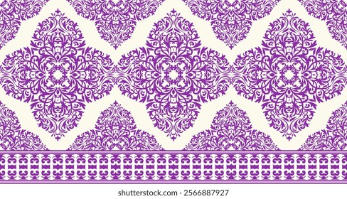 A classic damask pattern in a rich purple and cream color scheme. The design features intricate swirls, flourishes, and floral motifs, creating an elegant and timeless look. 