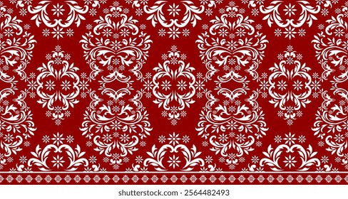 A classic damask pattern in a rich red and white color scheme. The design features intricate swirls, flourishes, and floral motifs, creating an elegant and festive look. 