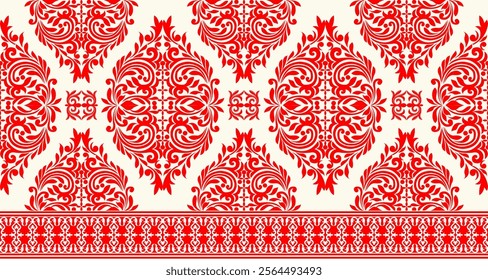 A classic damask pattern in a rich red and white color scheme. The design features intricate swirls, flourishes, and floral motifs, creating an elegant and festive look. 