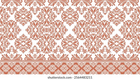 A classic damask pattern in a rich terracotta and cream color scheme. The design features intricate swirls, flourishes, and floral motifs, creating an elegant and timeless look. 