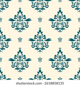 Classic Damask Pattern with Teal Floral Motif on Cream Background for Elegant Textile Design
