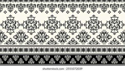 A classic damask pattern in a timeless black and white color palette. The intricate floral and geometric motifs create a luxurious and elegant design. This versatile pattern is perfect for a variety 