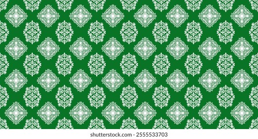 A classic damask pattern in a timeless green and white color palette. The intricate floral and geometric motifs create a luxurious and elegant design. This versatile pattern is perfect for a variety 