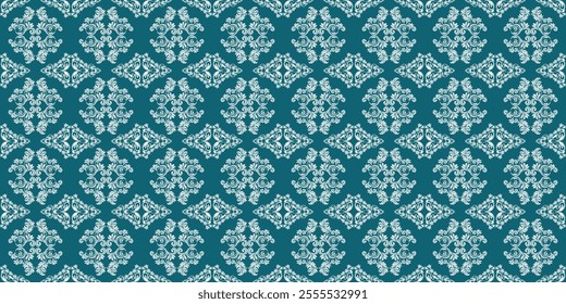 A classic damask pattern in a timeless teal and white color palette. The intricate floral and geometric motifs create a luxurious and elegant design. This versatile pattern is perfect for a variety 