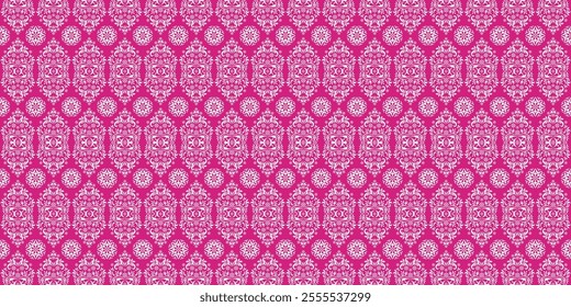 A classic damask pattern in a vibrant pink and white color palette. The intricate floral and geometric motifs create a luxurious and elegant design. This versatile pattern is perfect for a variety