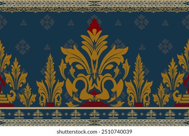 Classic Damask red grey and gold color Seamless Pattern on a navy blue background. casual clothes, seat cushions, cushions, coats, hats, handkerchiefs, towels, silk, scarf.
