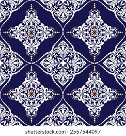 Classic Damask Seamless pattern, Blue and white ornament for fabric, Vector design for wallpaper, background, decorative pattern, curtain, bed sheet, carpet, pillow, table cloth, textile, tile.