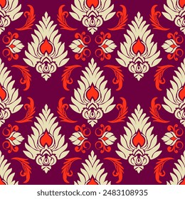 Classic Damask Seamless
Pattern , orange, purple background - Vector Illustration for Elegant Textil 
Design