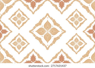 Classic damask seamless pattern with ornamental symmetrical motifs in beige and brown tones on white background. Elegant decorative design inspired by traditional textile and wallpaper styles. Perfect for wallpaper, fabric, textile prints, wrapping paper, packaging, interior decor, and surface pattern design.