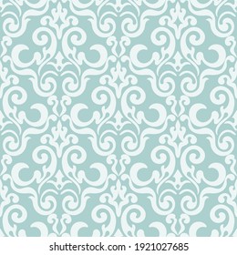 Classic damask seamless pattern. Vintage ornament in vector. Trendy vintage wallpaper, green-blue color background 