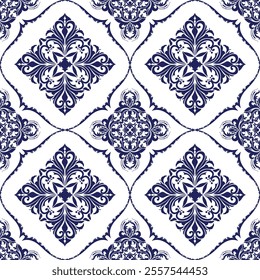 Classic Damask Seamless pattern, White and blue ornament for fabric, Vector design for wallpaper, background, decorative pattern, curtain, bed sheet, carpet, pillow, table cloth, textile, tile.