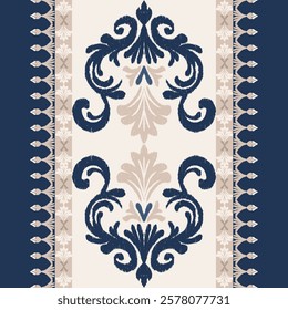 Classic Damask Semless Pattern - Vector Illustration for Elegant Textile Design on blue tone.