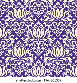 CLassic Damask wallpaper or fabric print vector seamless pattern, retro textile design with floral motif on purple background. Traditional retro decorative arabic ornament with flowers, leaves
