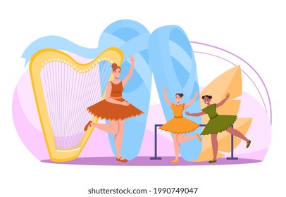Classic dance or choreography school promotion. Multiracial kids take dance classes in pointe shoes and ballet tutu. Flat abstract metaphor cartoon vector concept design isolated on white background