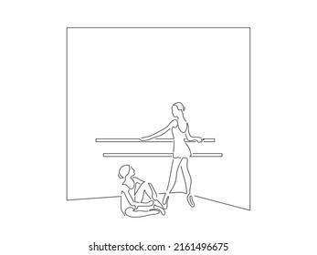 Classic dancers in line art drawing style. Composition of a ballet group dancing. Black linear sketch isolated on white background. Vector illustration design.