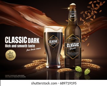 Classic dark beer in glass bottle with malt and beverage floating in the air, 3d illustration