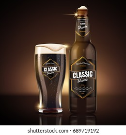 Classic dark beer package design with glass bottle and label, 3d illustration