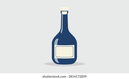 Classic dark blue glass bottle with a cork stopper and a blank paper label isolated on a light grey background.