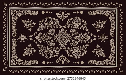 Padrões clássicos de marrom-escuro dispostos em um quadro retangular ao redor de um retângulo. Projetos detalhados, simétricos e vintage-estilo são bonitos e adequados para impressão de tecido ou várias ilustrações decorativas.