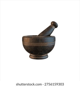 A classic dark colored mortar and pestle featuring decorative bands is isolated on a clean white background, ready for grinding spices herbs or pharmaceuticals.