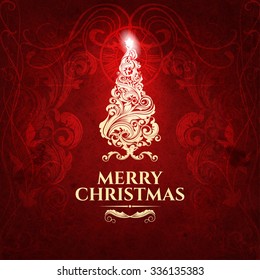 Classic dark red trendy premium elegant Merry Christmas card . Vector illustration, christmas tree made with swirls with shiny star on top, swirls, for flyer, wallpaper, magazine, wallpaper, bookcover