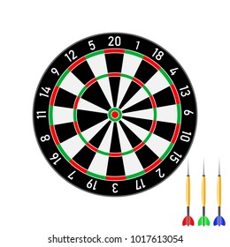 The classic dart board and darts arrow isolated on white background. Vector illustration.