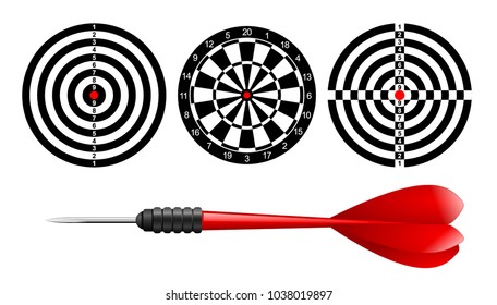 Klassisches Dartboard Zielset und roter Pfeil einzeln auf weißem Hintergrund. Vektorgrafik. Schwarz-Weiß-Dartboard-Druckvorlage