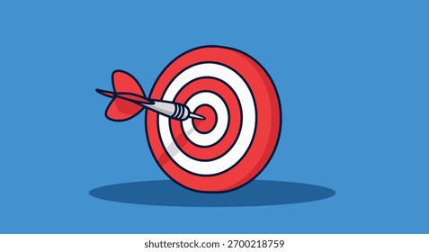 Um dartboard clássico com círculos concêntricos vermelhos e brancos, apresentando um dardo que bate perfeitamente no olho de touro central.