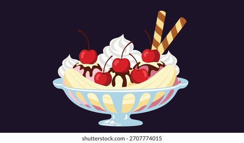 Un clásico y decadente postre de sundae partido de plátano en un plato de vidrio con helado, crema batida, salsa de chocolate y cerezas.